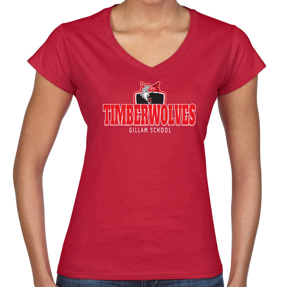 Ladies V-Neck - Cherry Red - Timberwolves Distressed